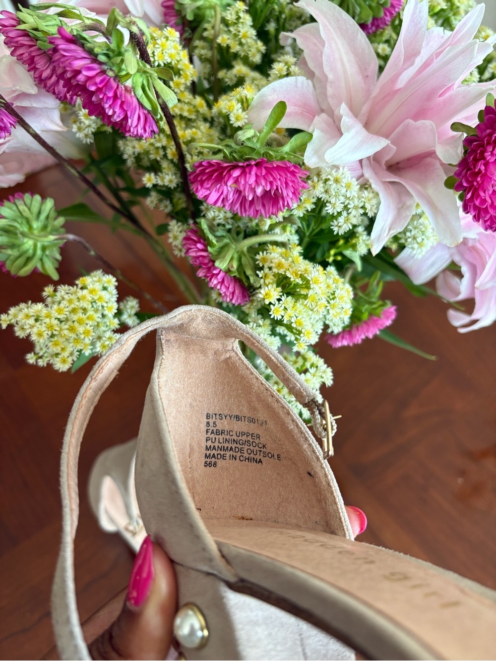 Madden Girl Women's Beige Suede Block Heel Sandals with Pearl Studs - Picture 3 of 8